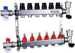 Коллекторная группа TIM НЕРЖ с расходом. 1'' (ПОЛНЫЙ компл.) 10 вых (КВАДРАТ) KAS5010