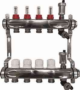 Коллекторная группа AQUALINK с расх-ми, сливным краном и автомат. возд-ком, нерж. сталь 1"х4х3/4"